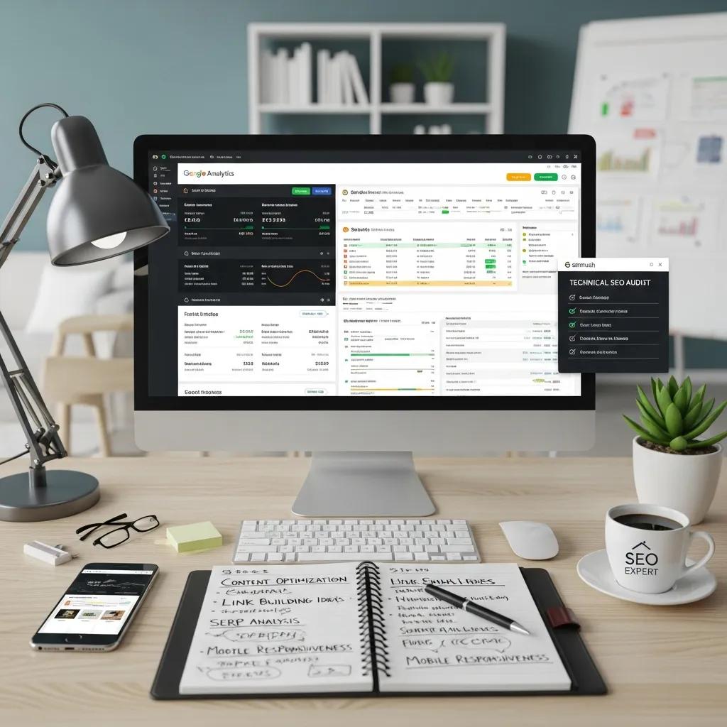 SEO audit workflow with tools and performance metrics on a screen