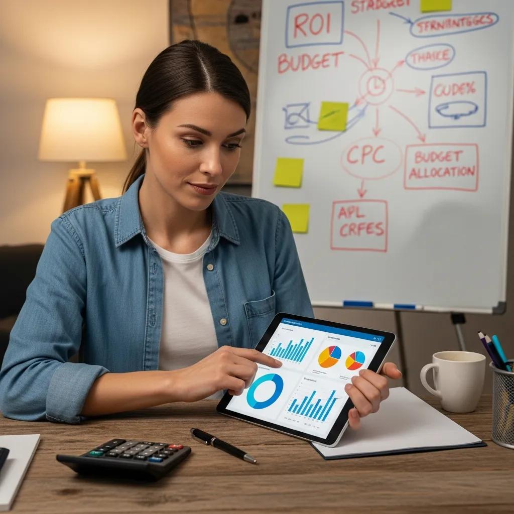 Small business owner analyzing ad performance and budgeting strategies in a cozy office
