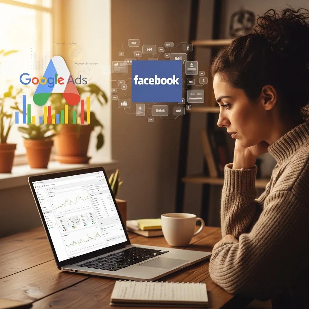 Small business owner analyzing Google Ads and Facebook Ads strategies on a laptop