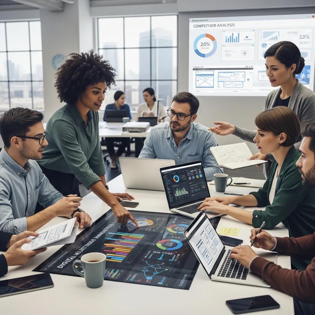 Team collaboration on digital marketing strategies in a modern workspace