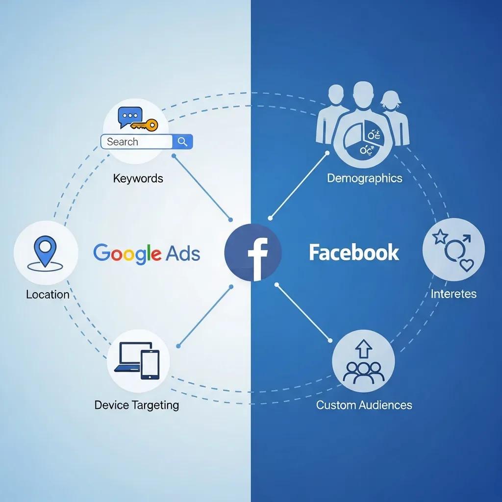 Visual representation of targeting options for Google Ads and Facebook Ads