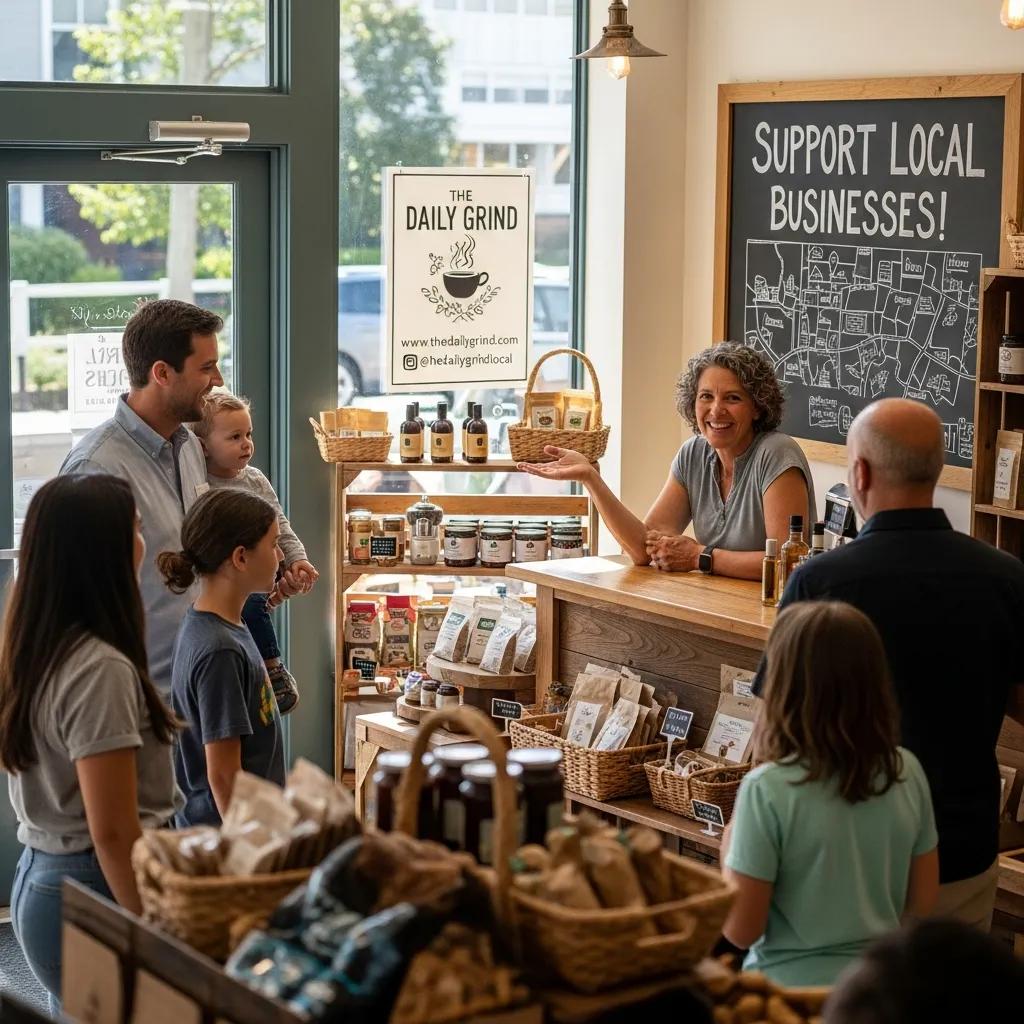 Business owner engaging with customers in a local store, emphasizing local SEO