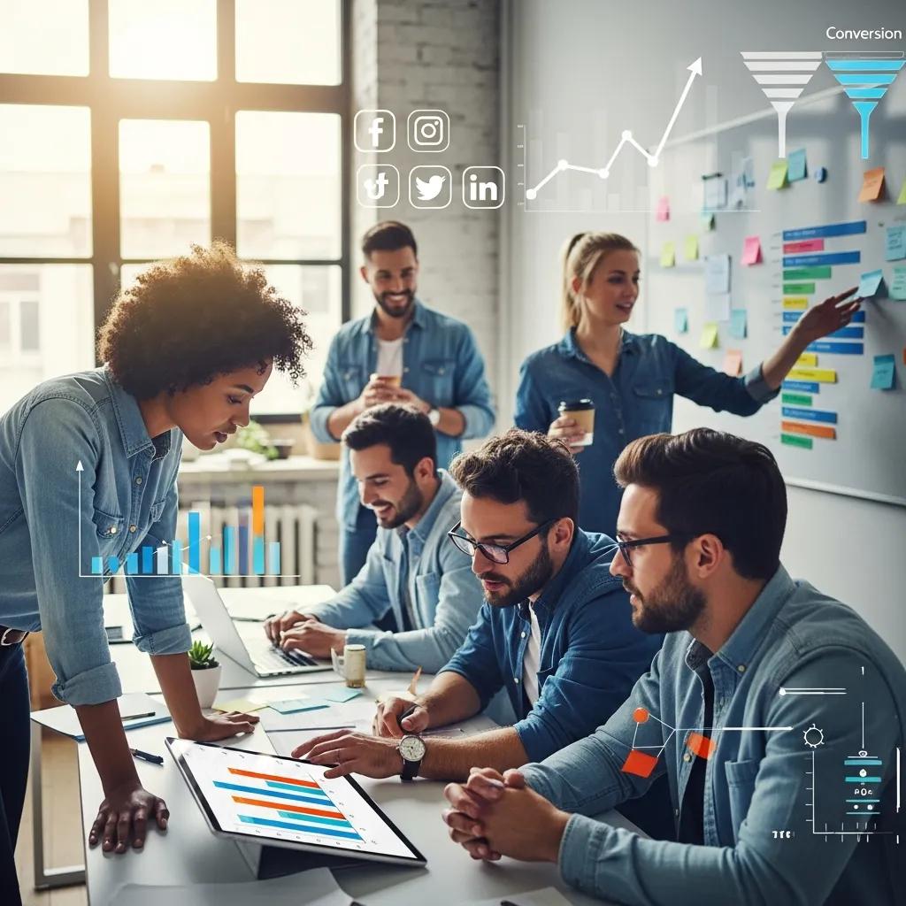 Diverse marketing professionals collaborating in a modern office, symbolizing digital marketing agency services