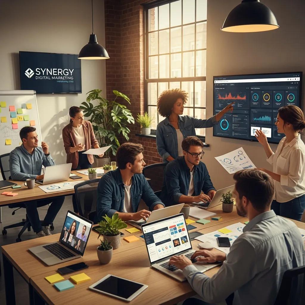 Diverse professionals collaborating in a modern office, representing digital marketing innovation