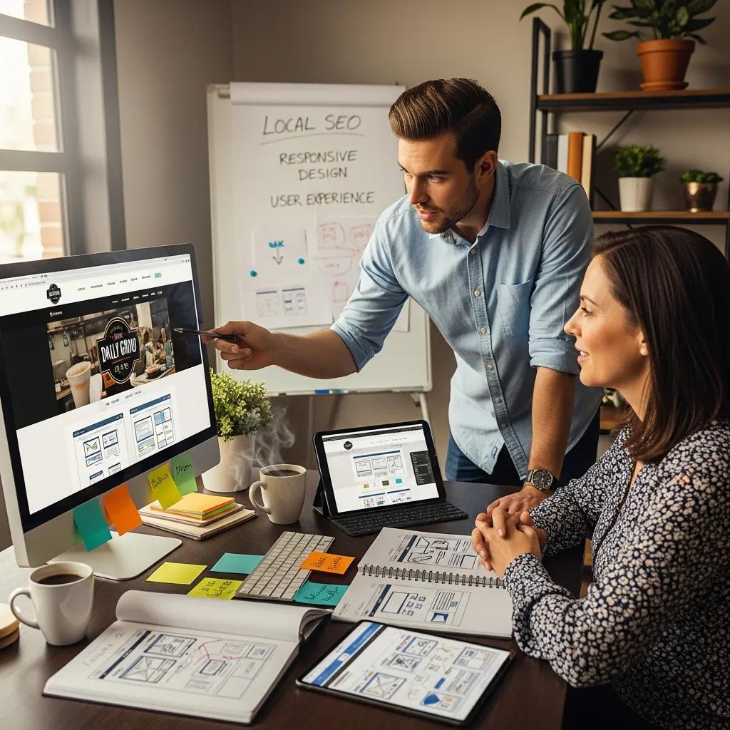 Local web designer collaborating with client on website mockups in a cozy office