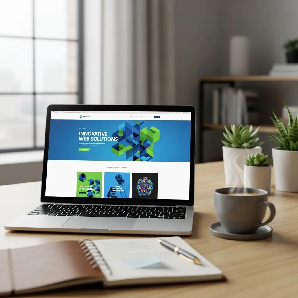 Modern workspace with laptop showing professional website design, coffee cup, and notepad