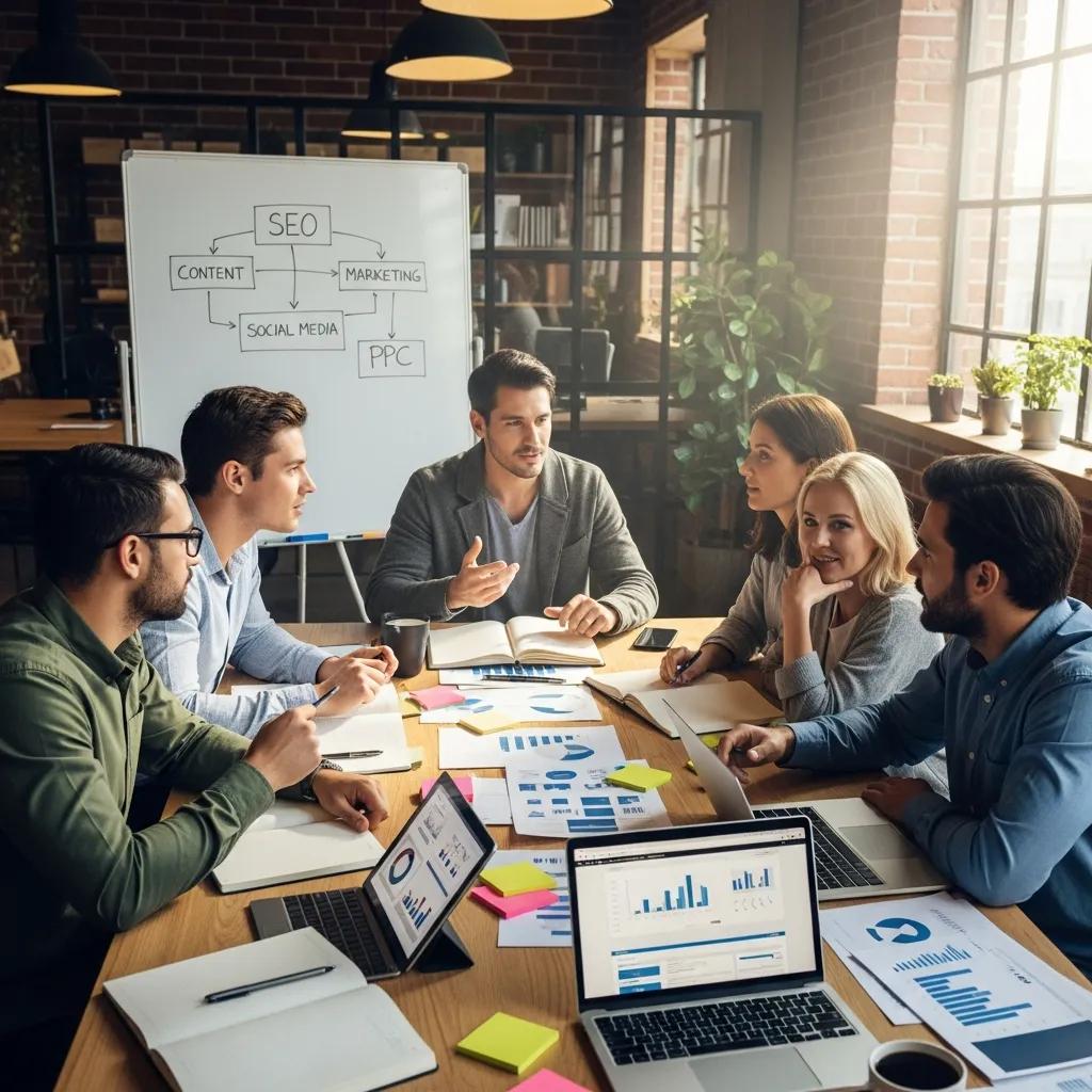 Team members discussing digital marketing strategies in a collaborative agency workspace