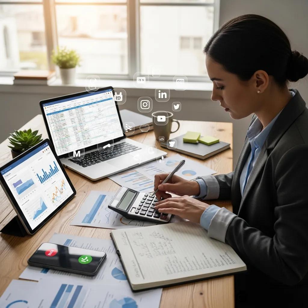Business professional calculating social media ROI with a calculator and notepad