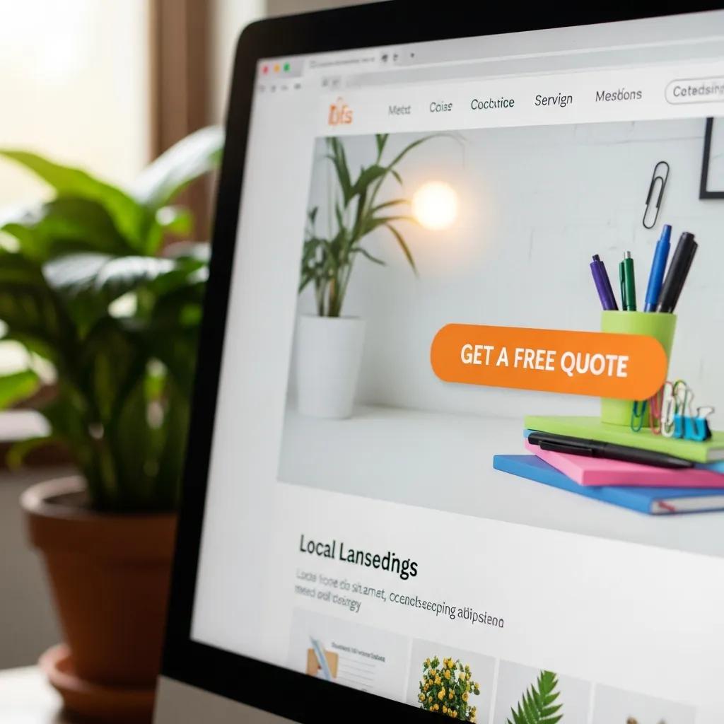 Close-up of a website showing a prominent call-to-action button labeled "GET A FREE QUOTE," with colorful stationery items and a potted plant in a modern workspace setting, emphasizing the importance of clear CTAs in small business web design.