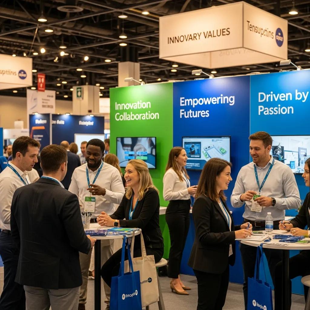 Company branding event with employees engaging potential candidates, highlighting company values