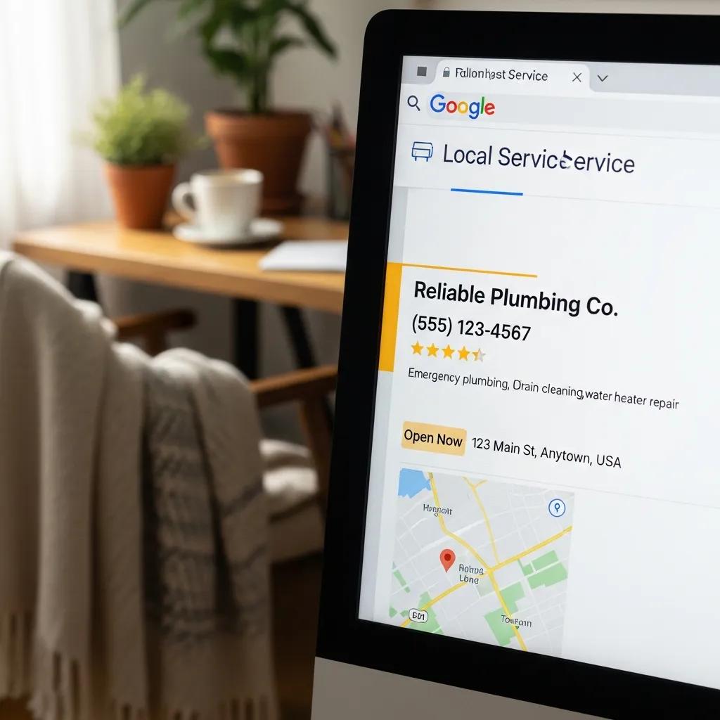 Computer screen showing local plumbing service in search results, highlighting SEO impact