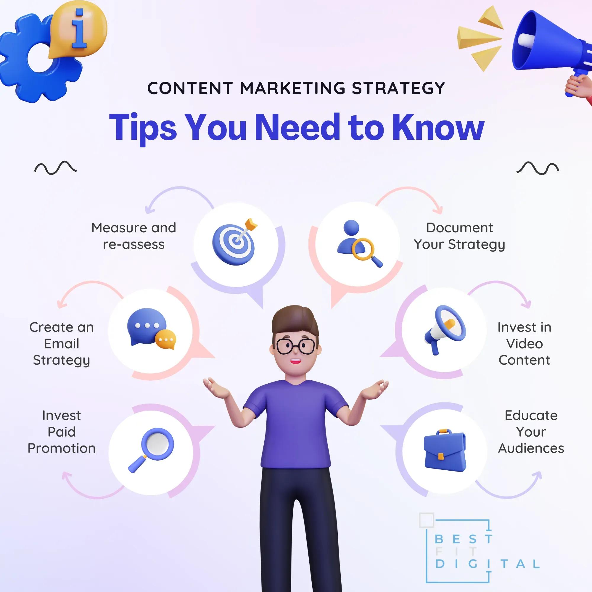Illustration of a person presenting content marketing strategy tips, featuring icons for measuring strategy, creating an email strategy, investing in video content, documenting strategy, and educating audiences, aligned with Best Fit Digital branding.