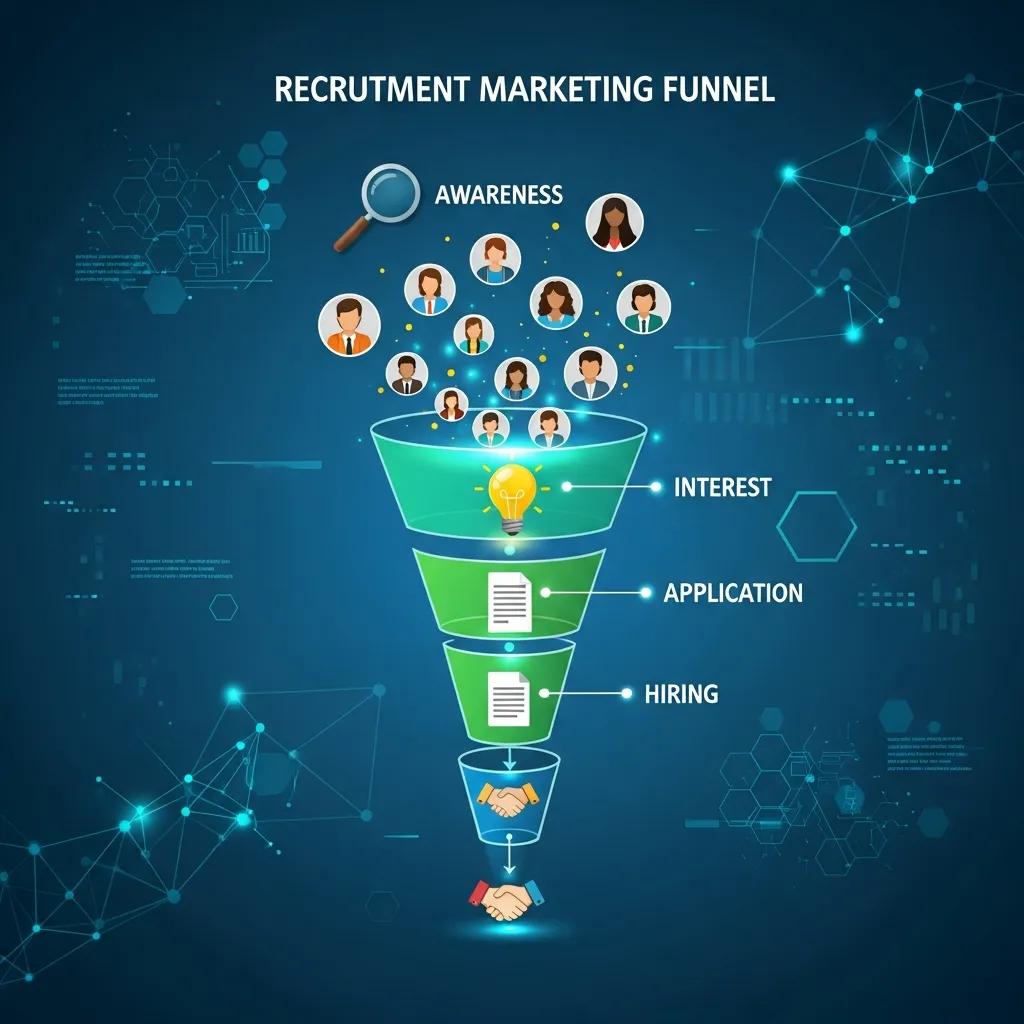 Digital funnel graphic illustrating automated lead nurturing in recruitment marketing