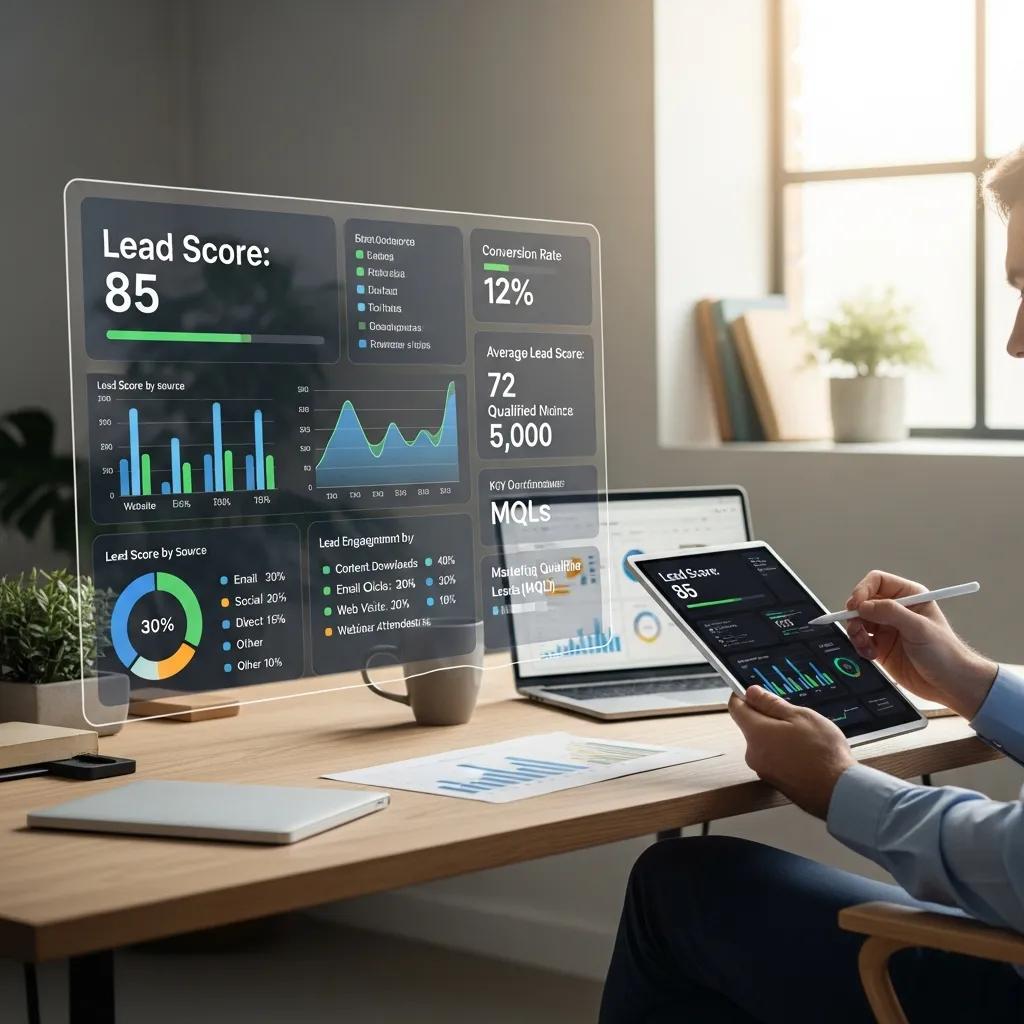 Digital interface displaying lead scoring metrics in a professional workspace