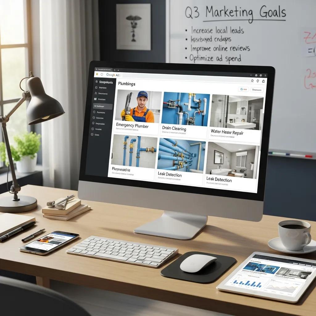 Digital marketing campaign for plumbing services displayed on a computer screen