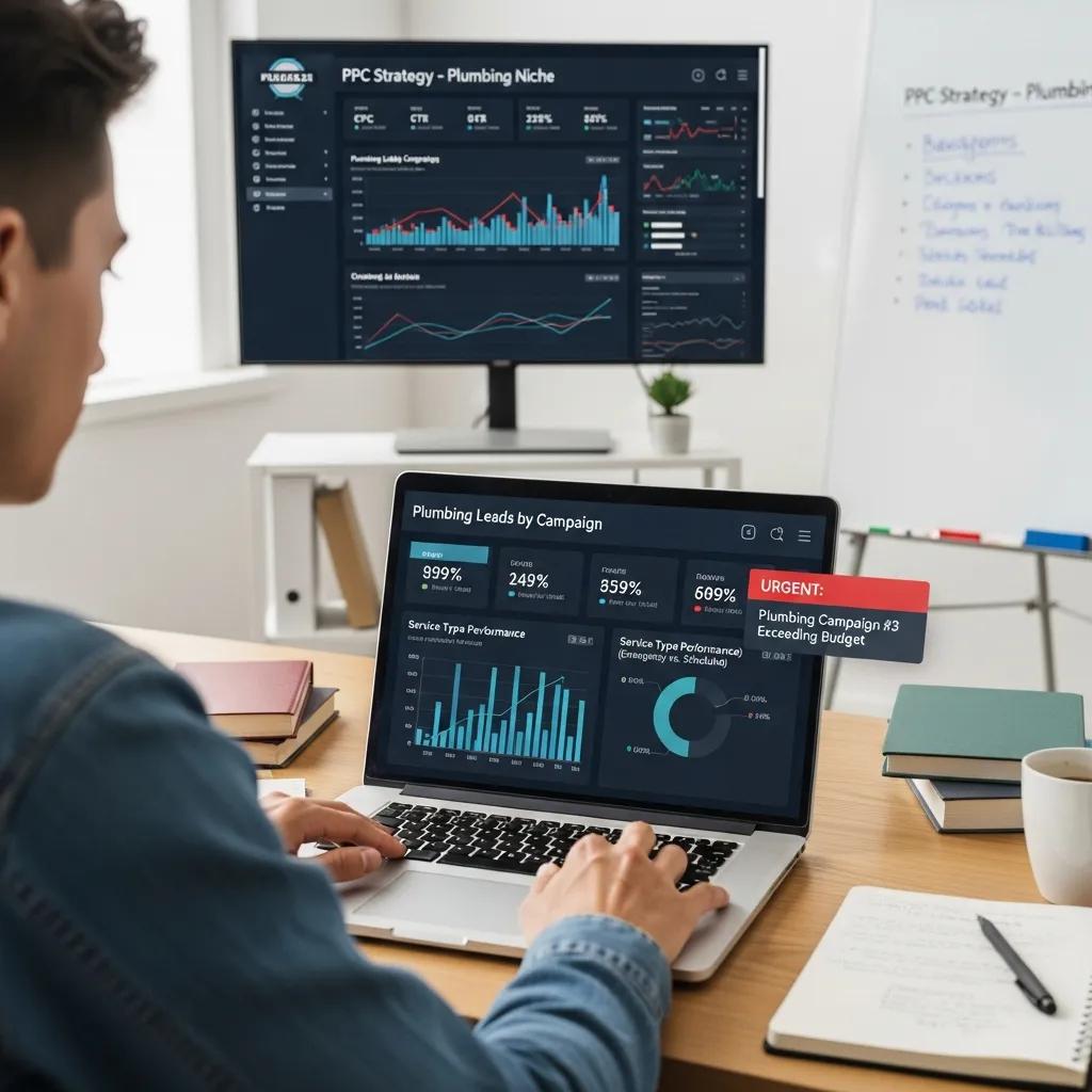 Digital marketing professional analyzing PPC data for plumbing lead generation