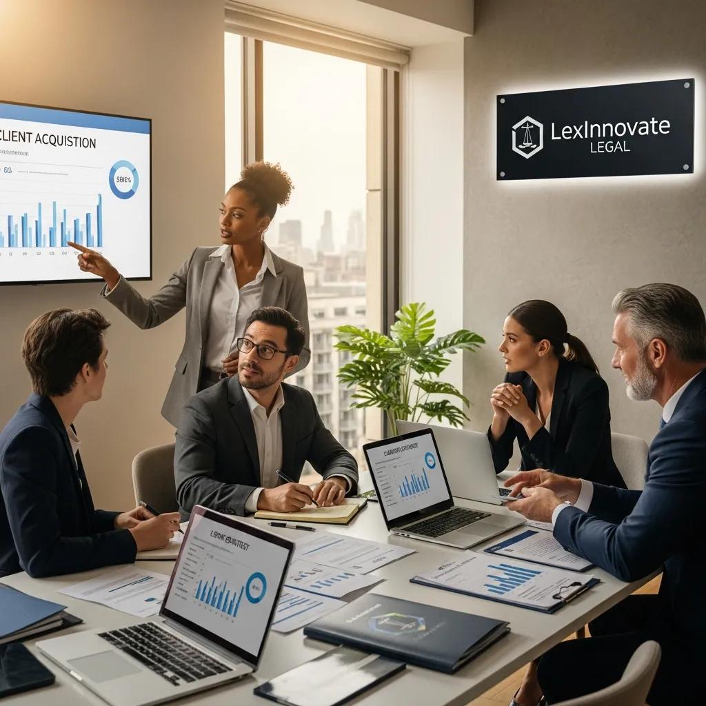 Diverse team of lawyers collaborating in a modern office, discussing client acquisition strategies with charts and data on laptops, emphasizing legal marketing tactics.