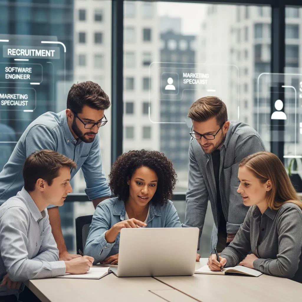 Diverse professionals collaborating in a modern office, representing recruitment advertising platforms