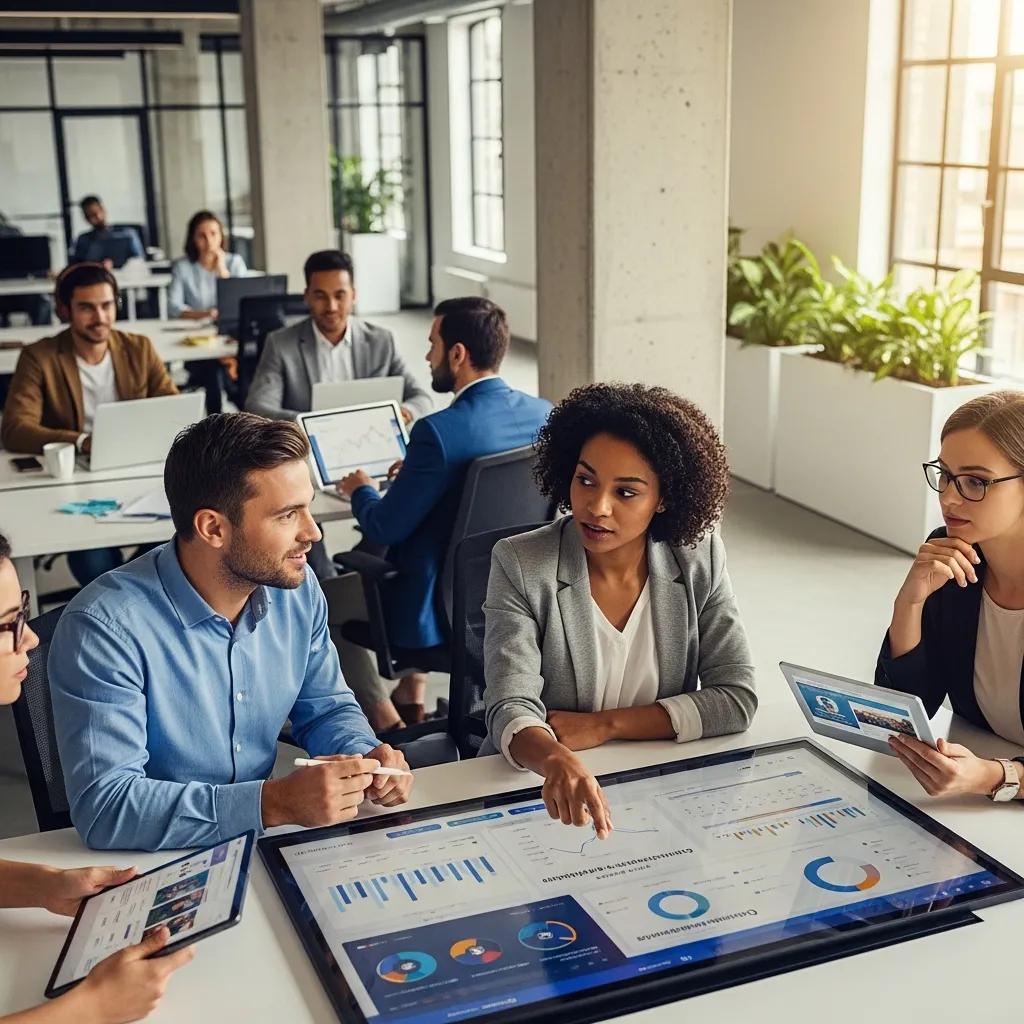 Diverse professionals collaborating in a modern office, discussing recruitment marketing automation strategies using digital analytics on a touchscreen display.