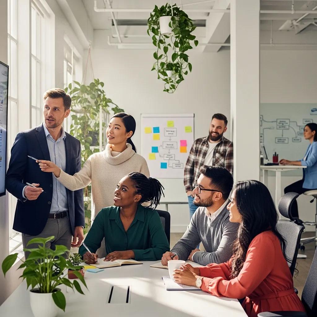 Diverse professionals collaborating in a modern office, showcasing teamwork and innovation