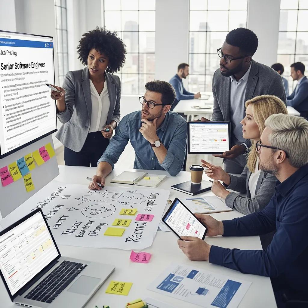 Diverse professionals collaborating on job posting strategies in a modern office