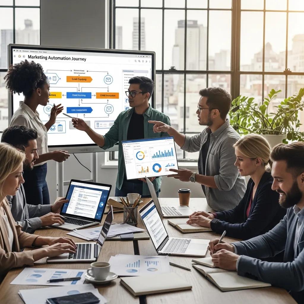 Diverse professionals collaborating on marketing automation strategies in a modern office