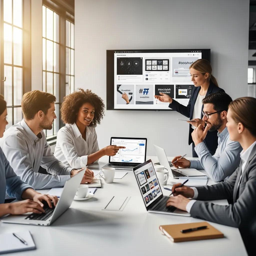 Diverse professionals collaborating on social media marketing strategies in a modern office