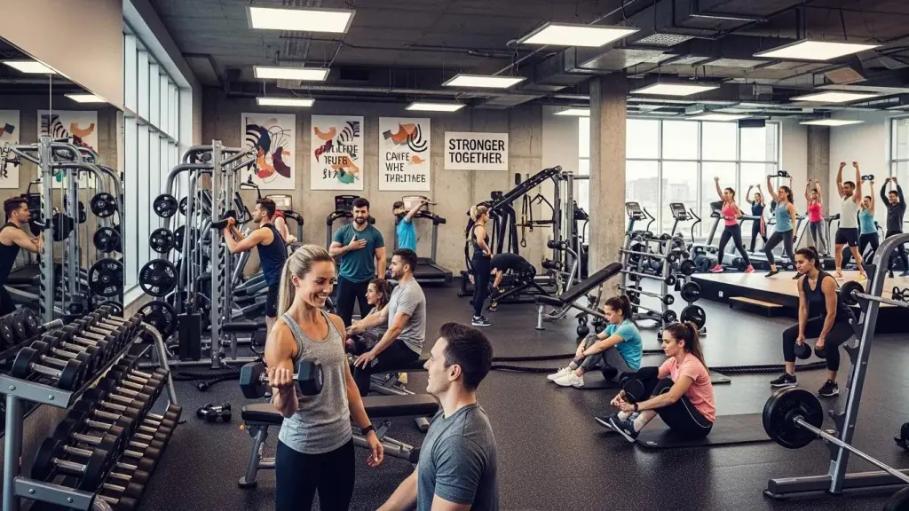 Dynamic gym environment with trainers and clients engaging in fitness activities, showcasing community and collaboration in a modern workout space.