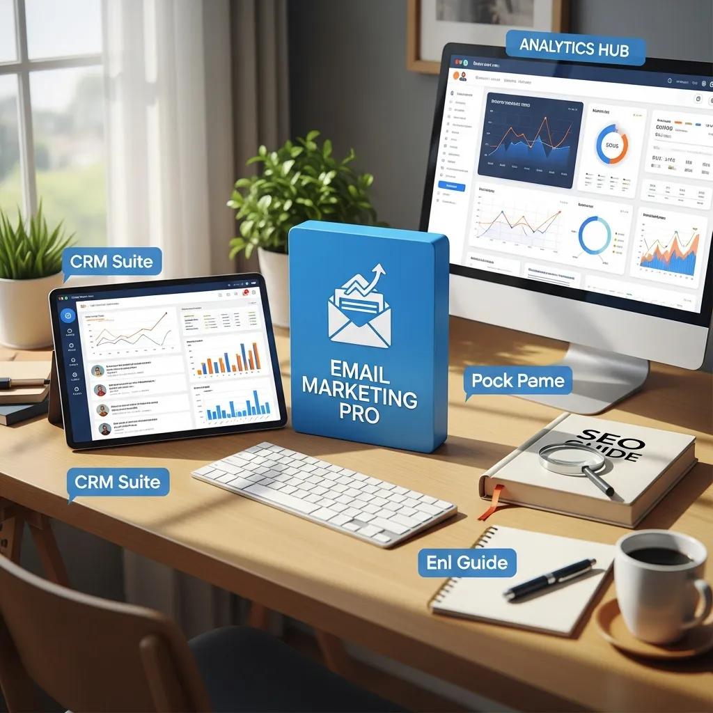 Email marketing tools, CRM software, analytics dashboard, and SEO resources on a desk, representing essential marketing tools for small businesses.