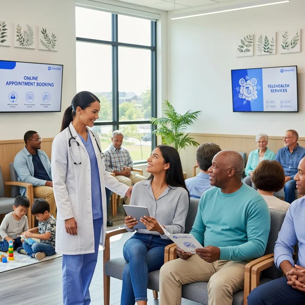 Healthcare provider engaging with patients in a modern clinic, highlighting digital marketing strategies