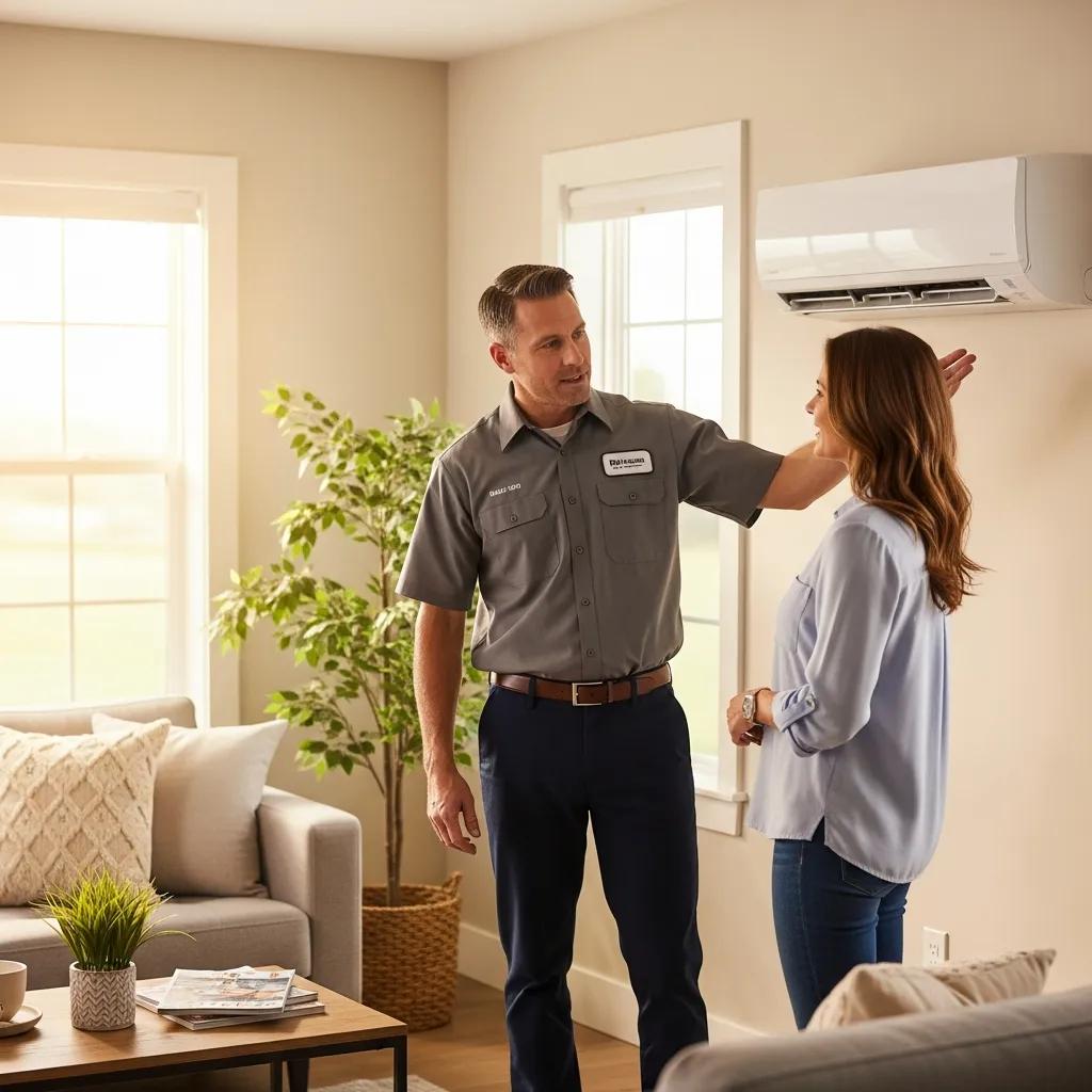 HVAC technician discussing services with a homeowner in a bright living room