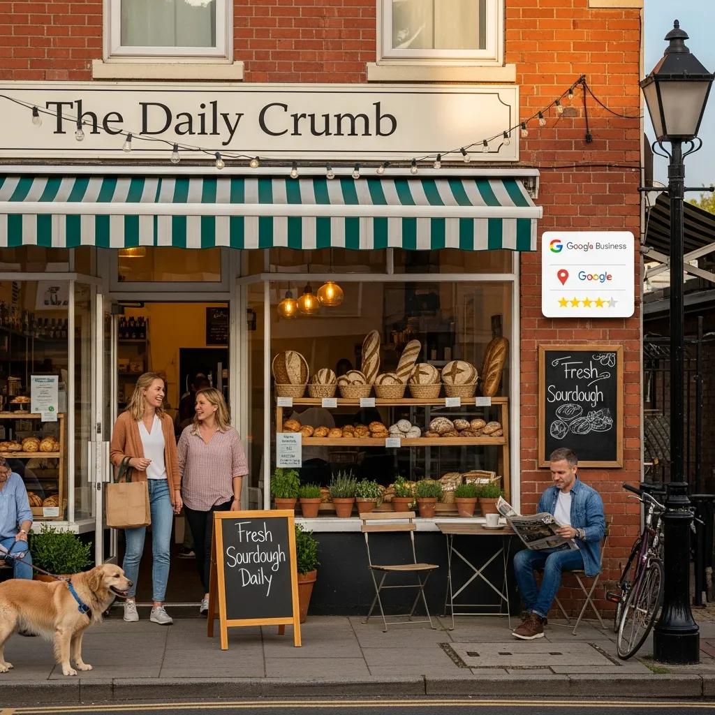 Local bakery storefront, "The Daily Crumb," featuring women chatting, fresh bread display, Google Business profile sign, and a dog, emphasizing community engagement and local SEO for small businesses.
