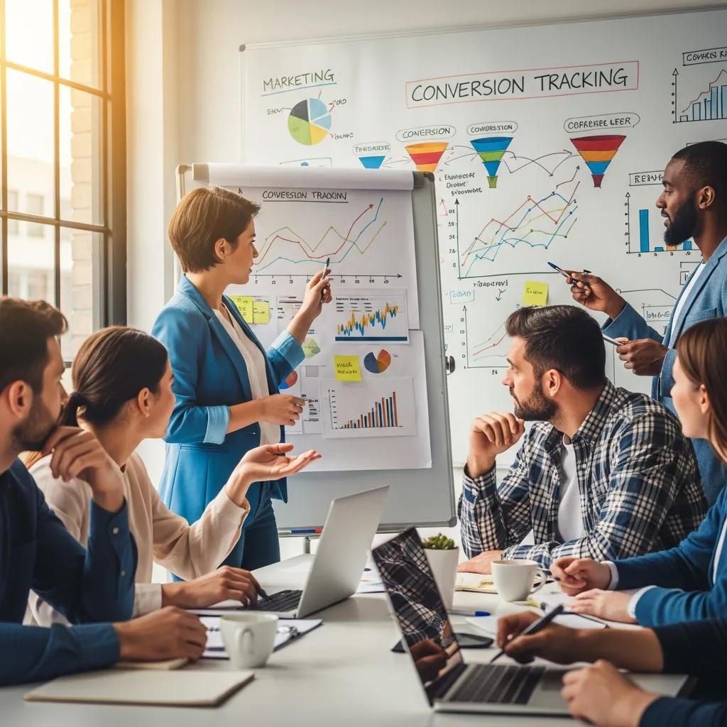 Marketing team discussing conversion tracking strategies with charts on a whiteboard, highlighting collaboration and strategy