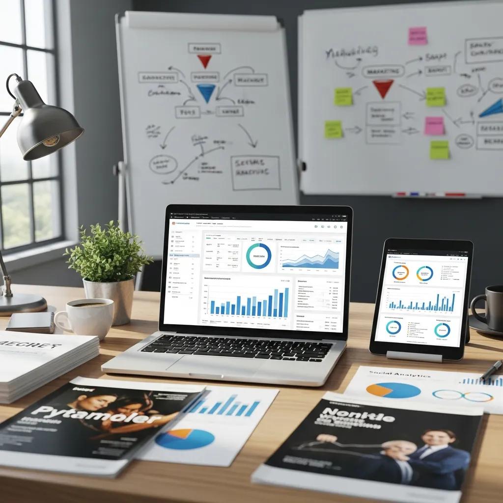 Modern workspace with laptop displaying analytics data, tablet showing marketing insights, and printed marketing materials, emphasizing data-driven marketing strategies for small businesses.
