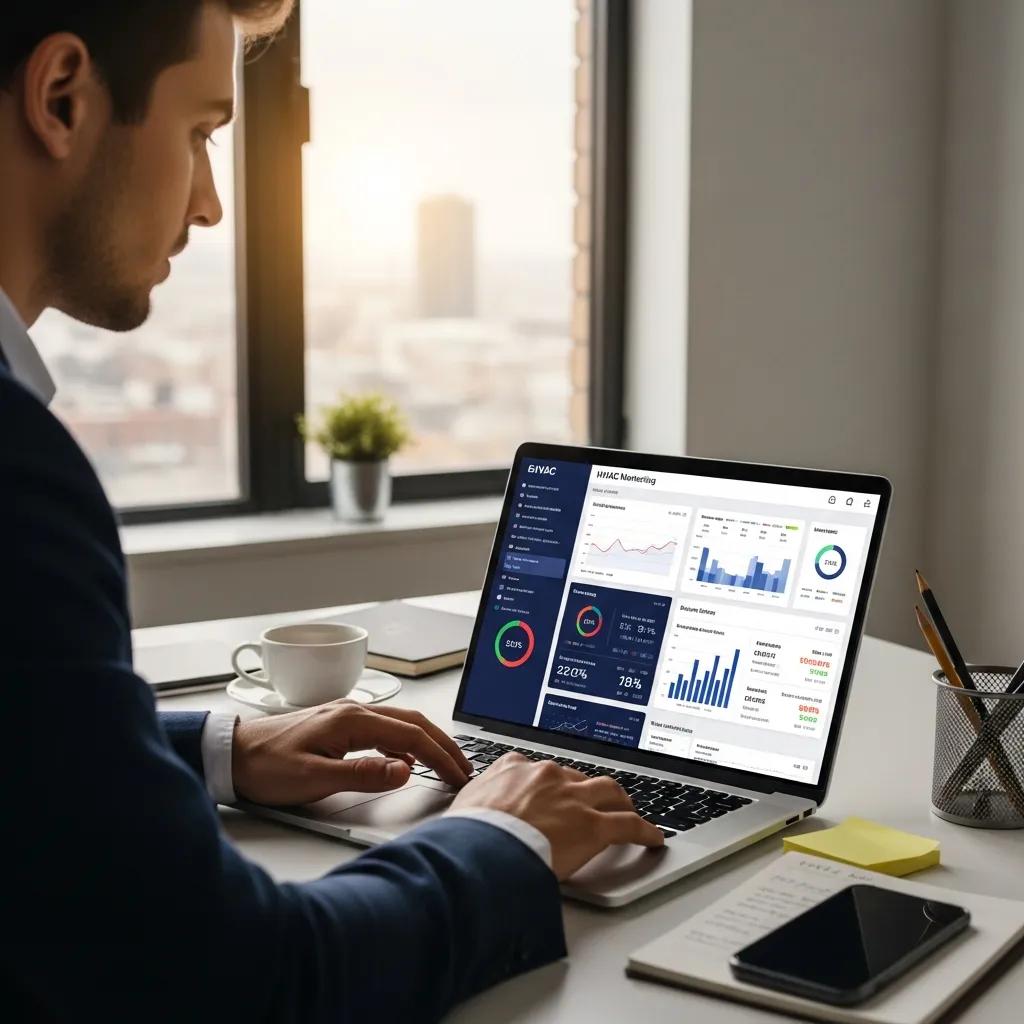 Person analyzing digital marketing data for HVAC services in a modern office