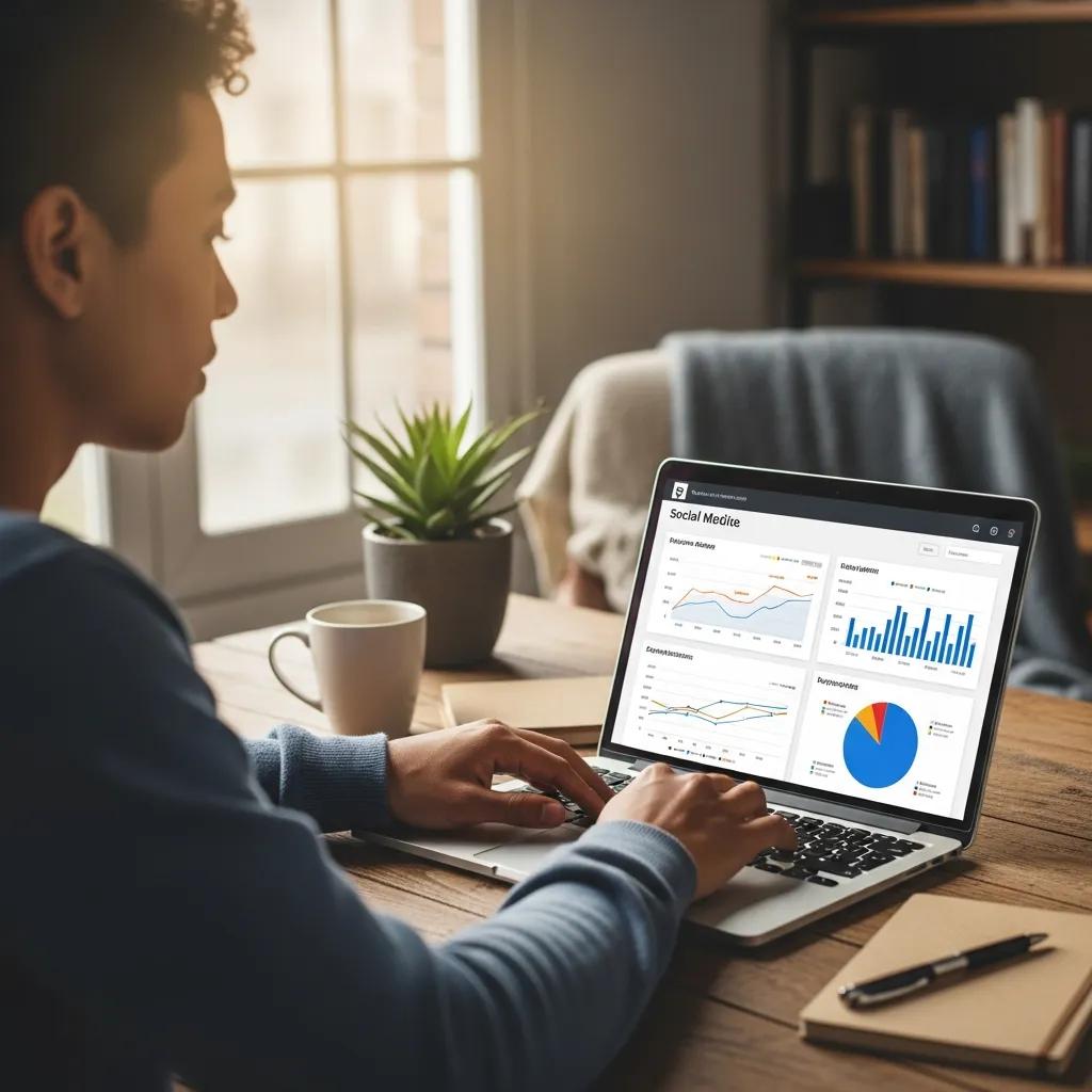 Person analyzing social media performance metrics on a laptop in a cozy workspace