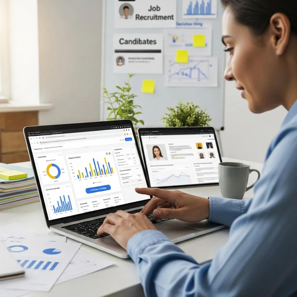 Person creating a Google Ads campaign in a bright workspace, illustrating cost-effective recruitment solutions