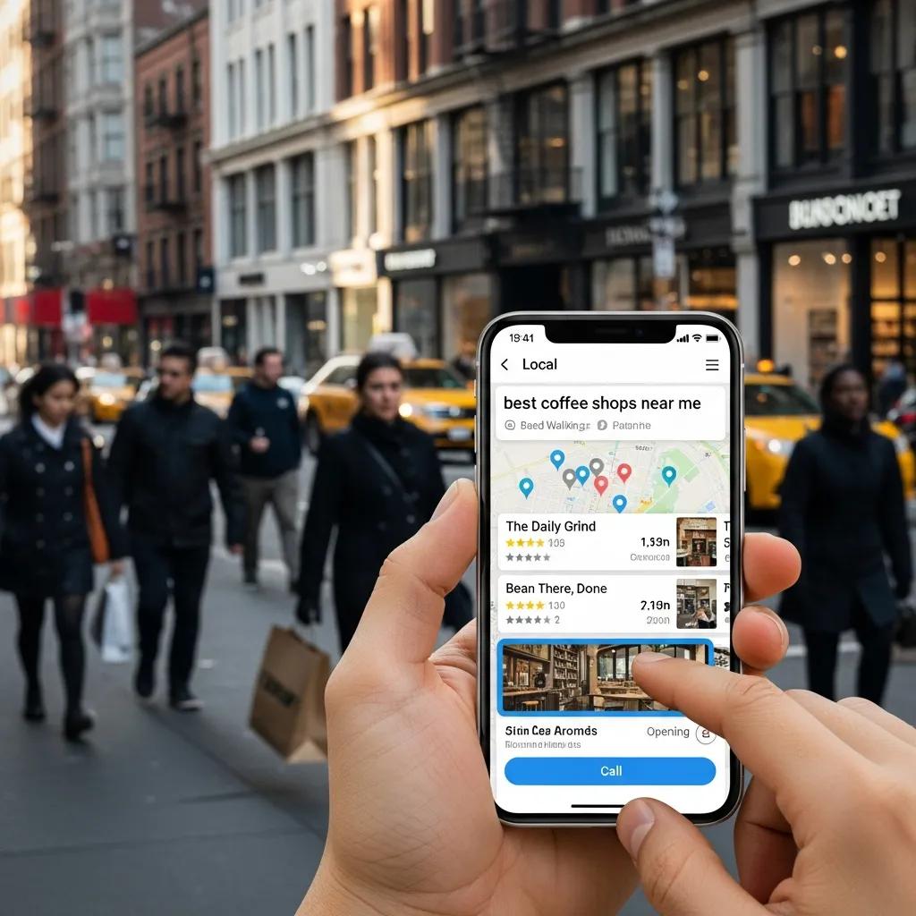 Person using a smartphone for local business search in an urban setting, emphasizing mobile optimization