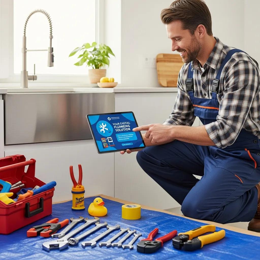 Plumber using a tablet in a modern home, emphasizing digital marketing in plumbing