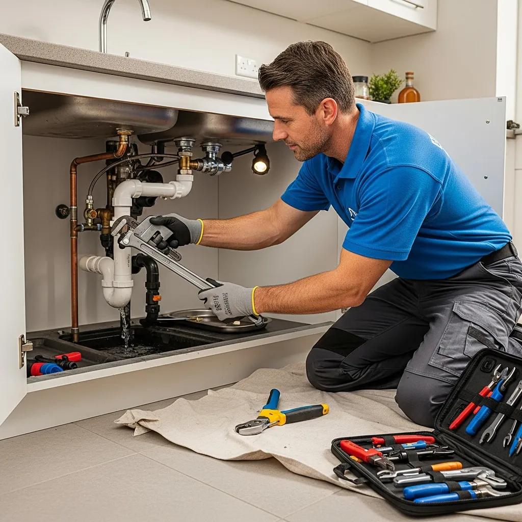 Plumber working on residential plumbing system under sink, showcasing tools and expertise in plumbing maintenance.