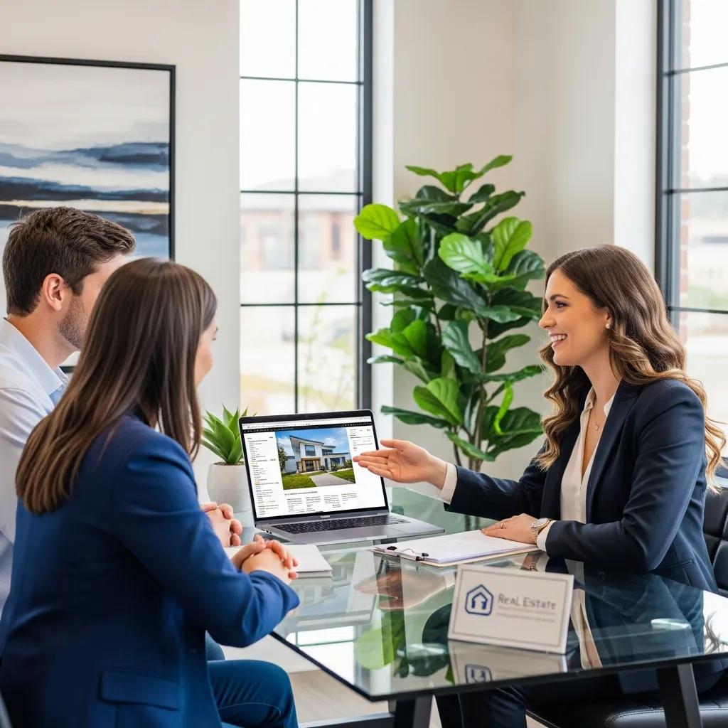 Real estate agent presenting property listings in a modern office