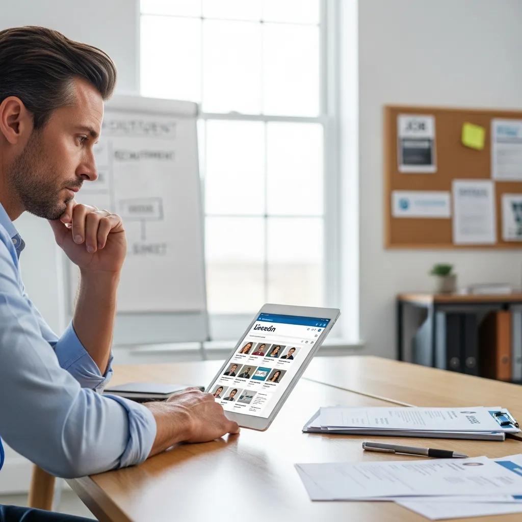 Recruiter reviewing LinkedIn profiles on a tablet in a modern office, highlighting professional audience targeting