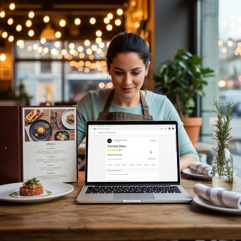 Restaurant owner optimizing Google Business Profile on a laptop in a cozy restaurant setting