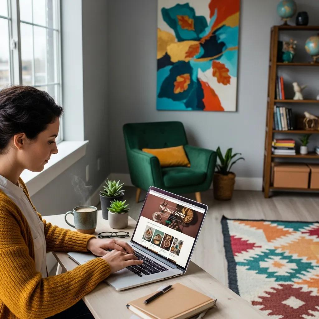 Woman designing a small business website on a laptop in a modern office, featuring a cozy workspace with plants, coffee, and colorful decor, illustrating professional web design for enhancing online presence.