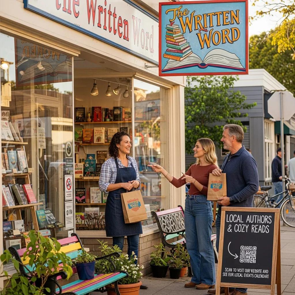 Small business owner engaging with customers outside "The Written Word" bookstore, showcasing local SEO strategies and community interaction in a vibrant storefront setting.
