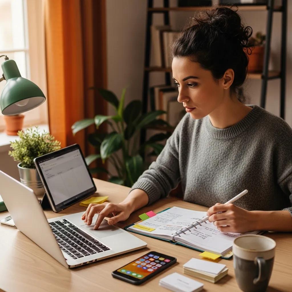 Woman using a laptop in a cozy office, engaged in marketing tasks with a planner, smartphone, and coffee cup, illustrating small business marketing strategies.