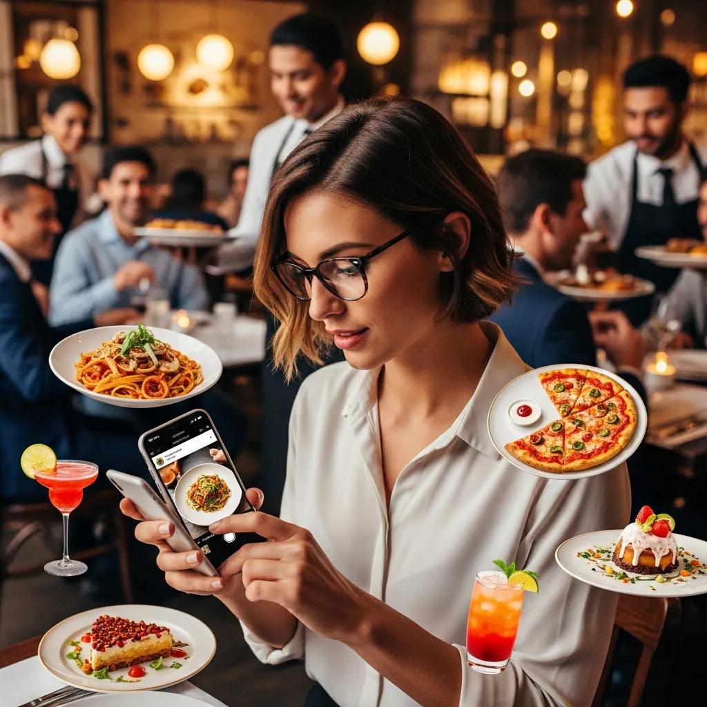 Social media manager creating engaging content on a smartphone in a lively restaurant atmosphere