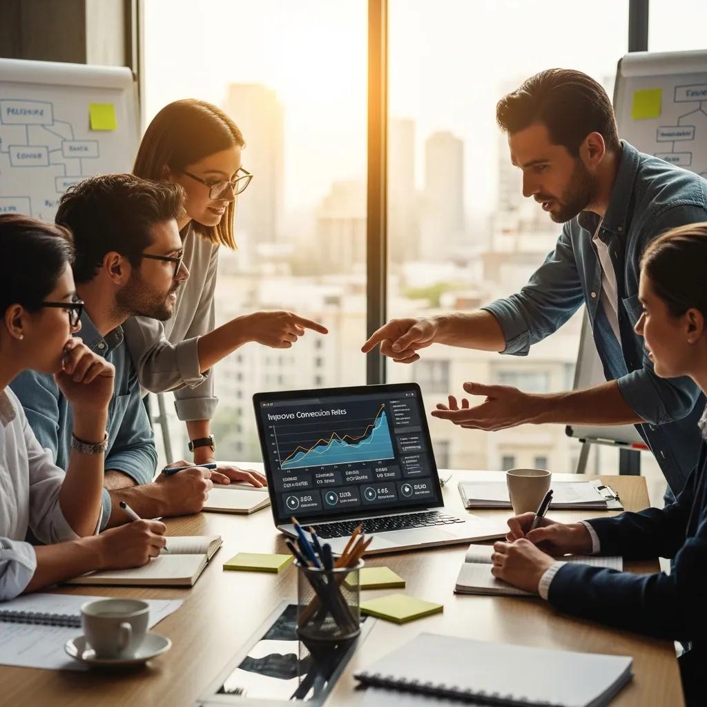 Team of professionals collaborating on conversion rate optimization strategies in a modern office