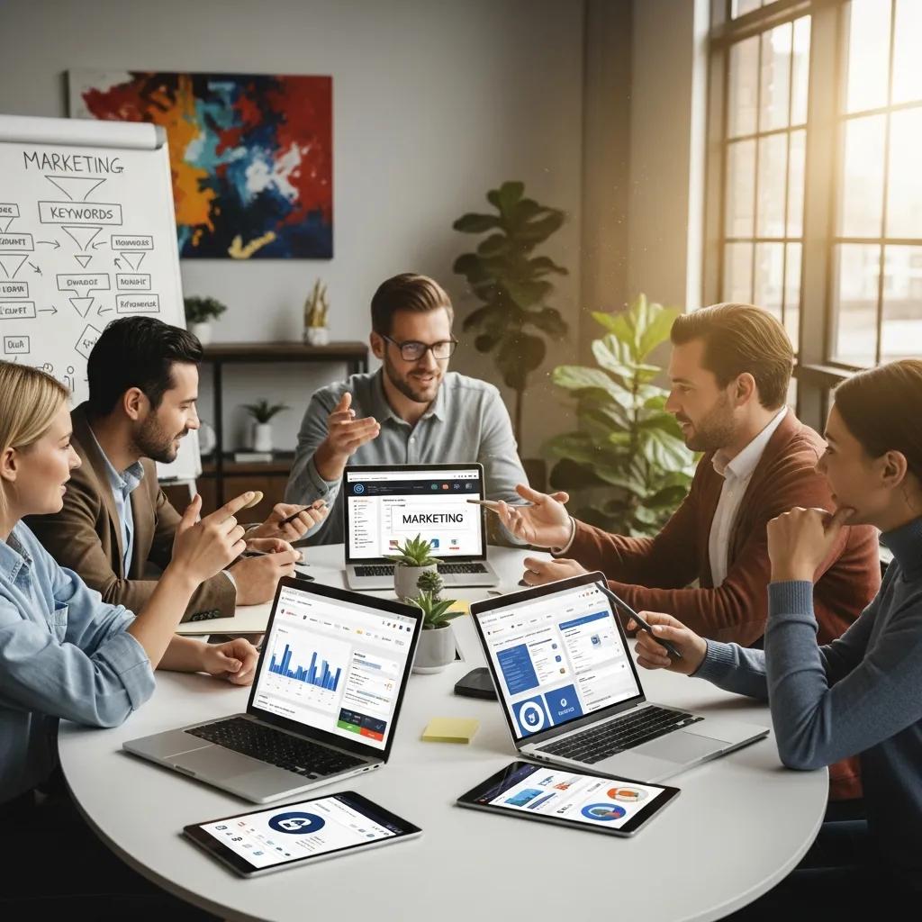 Team of professionals collaborating on marketing strategies in a modern office, discussing cost-effective marketing tools and analytics on laptops and tablets.