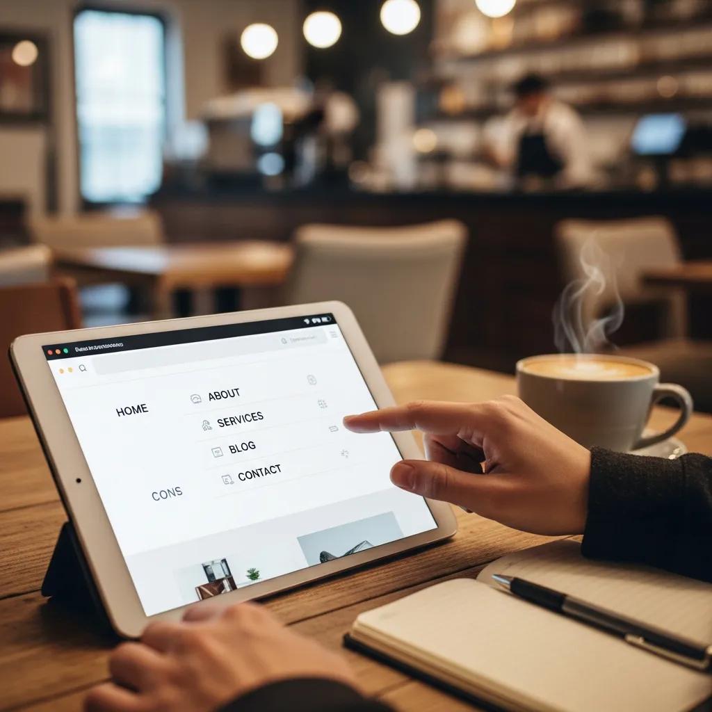 User navigating a small business website on a tablet in a coffee shop, highlighting user-friendly navigation and mobile responsiveness.